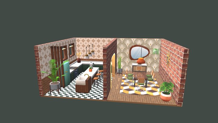 Mid Century Sims Kitchen and Dining 3D Model
