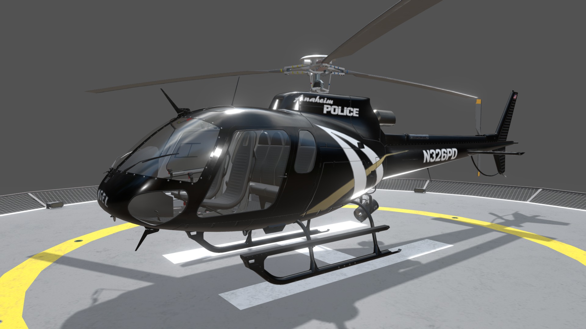 3D model AS-350 Anaheim Police Static - This is a 3D model of the AS-350 Anaheim Police Static. The 3D model is about a helicopter on a runway.