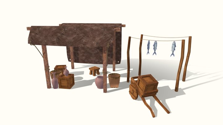 Low Poly Traditional Market Stall 3D Model
