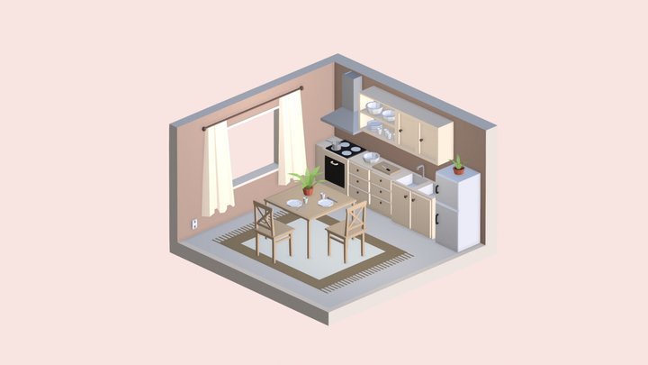 cute cozy kitchen - low poly 3D Model