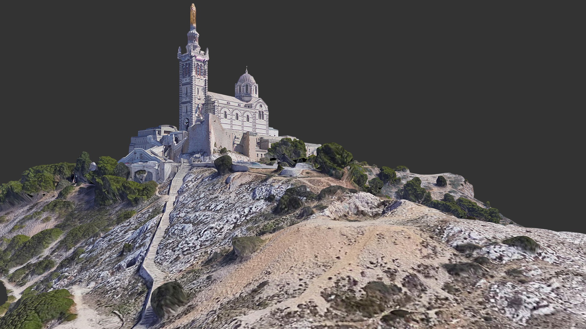 3D model Basilique Notre-Dame-de-la-Garde / Marseille - This is a 3D model of the Basilique Notre-Dame-de-la-Garde / Marseille. The 3D model is about a castle on a rocky hill.