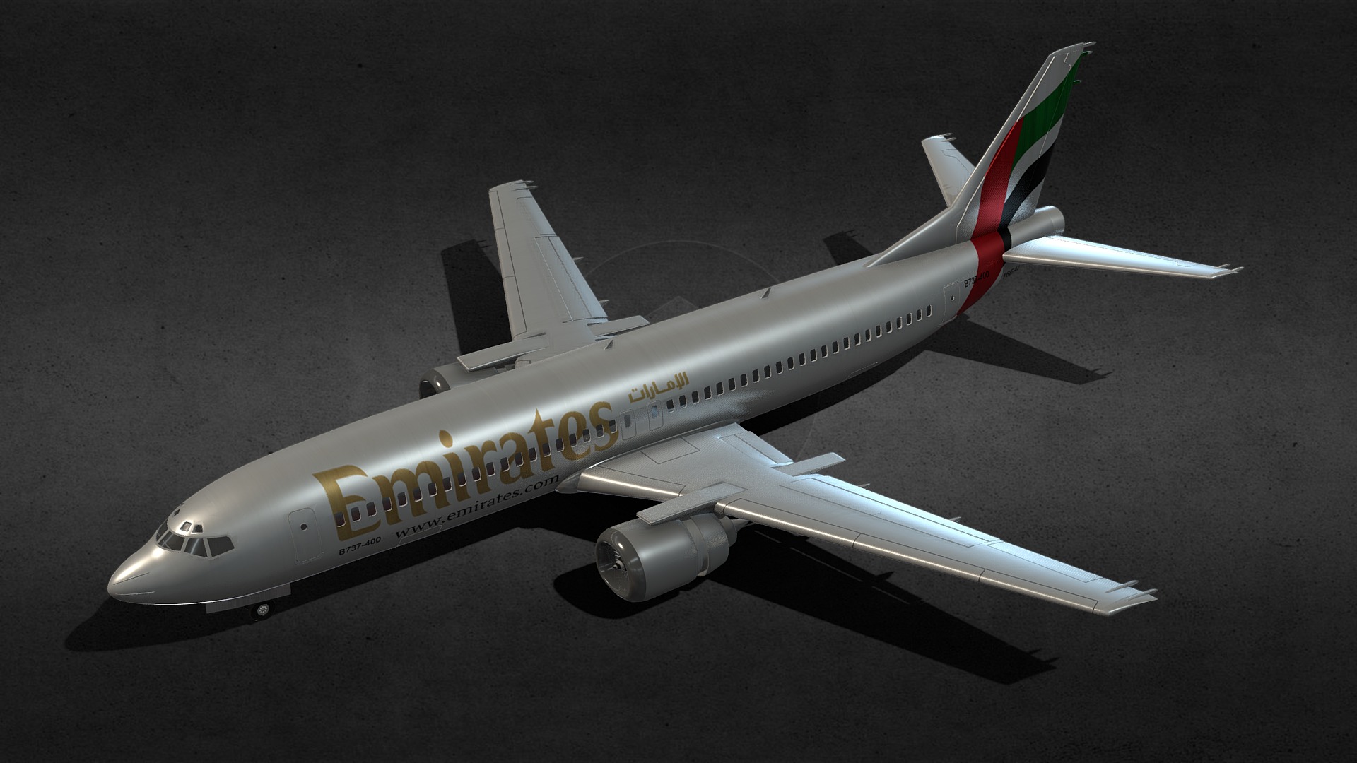3D model Boeing 737 400 Emirates - This is a 3D model of the Boeing 737 400 Emirates. The 3D model is about a white airplane with a red and blue tail.