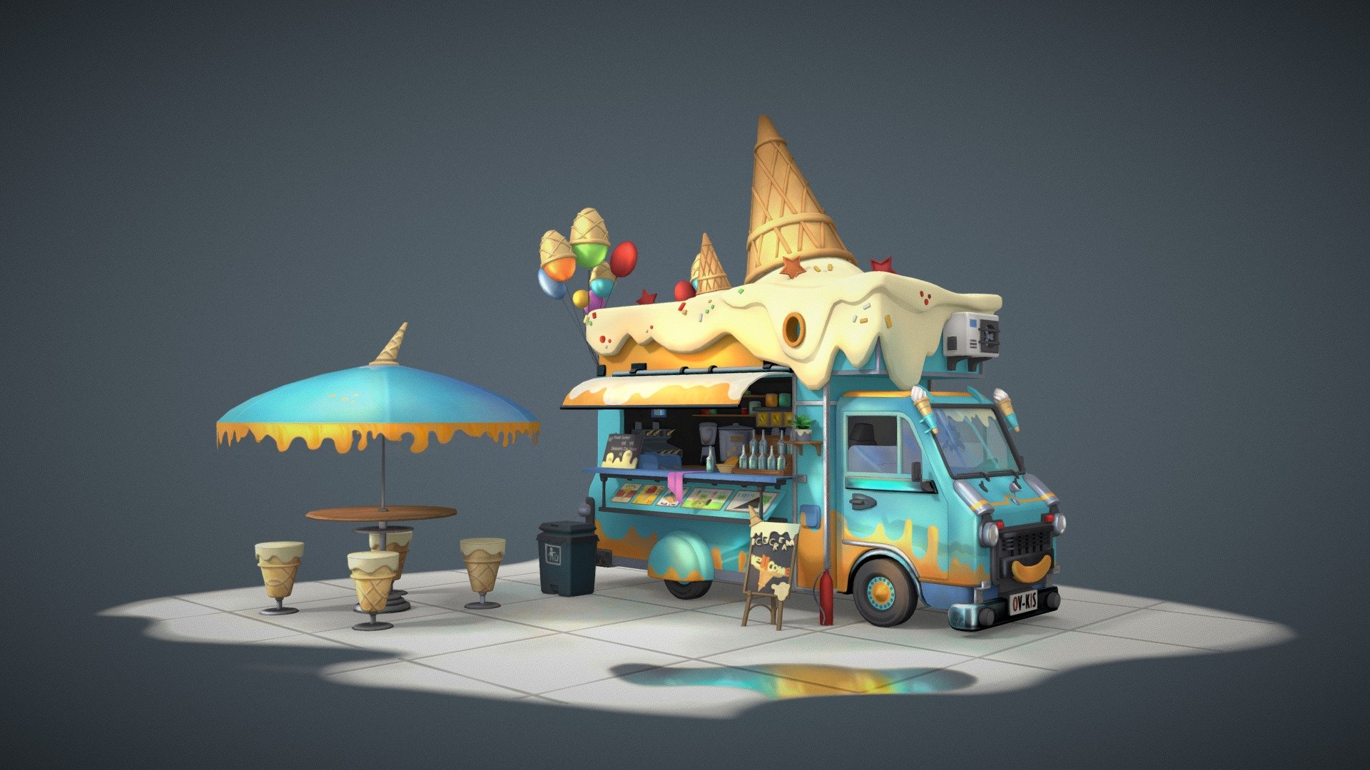 3D model Low Poly Game Ready Ice-Cream Truck with PBR textures VR