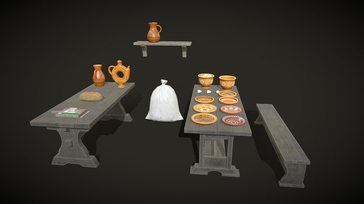 Medieval Ukrainian furniture, dishes end food 3D Model