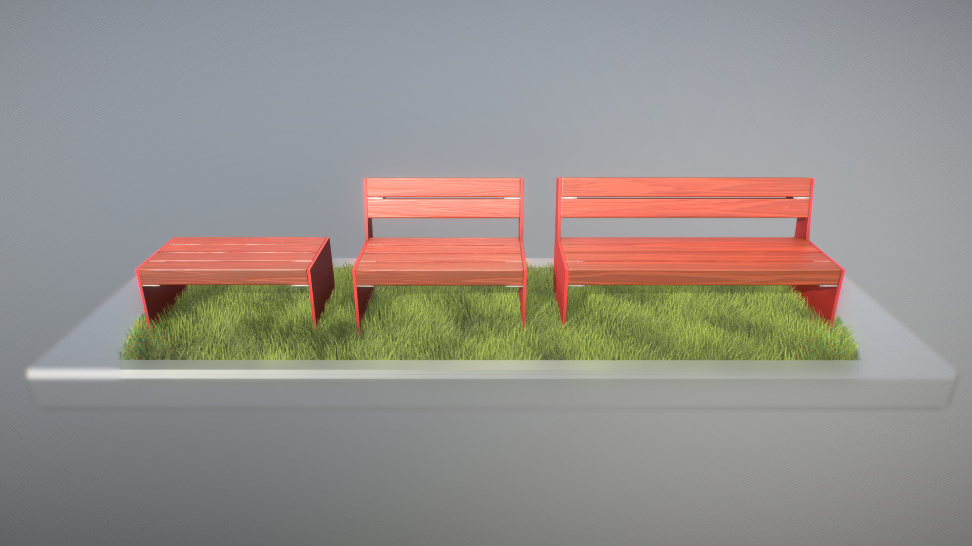 3D model Park Bench [8] Red Low-Poly Version - This is a 3D model of the Park Bench [8] Red Low-Poly Version. The 3D model is about a couple of benches in a grassy area.