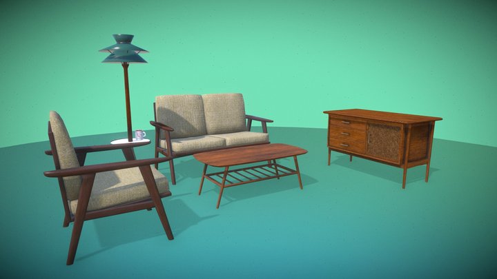 Midcentury Living Room Scene 3D Model