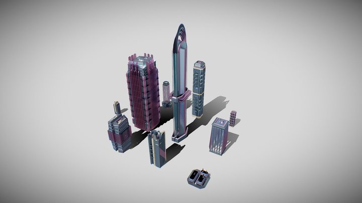 Sci-fi stylized buildings 3D Model