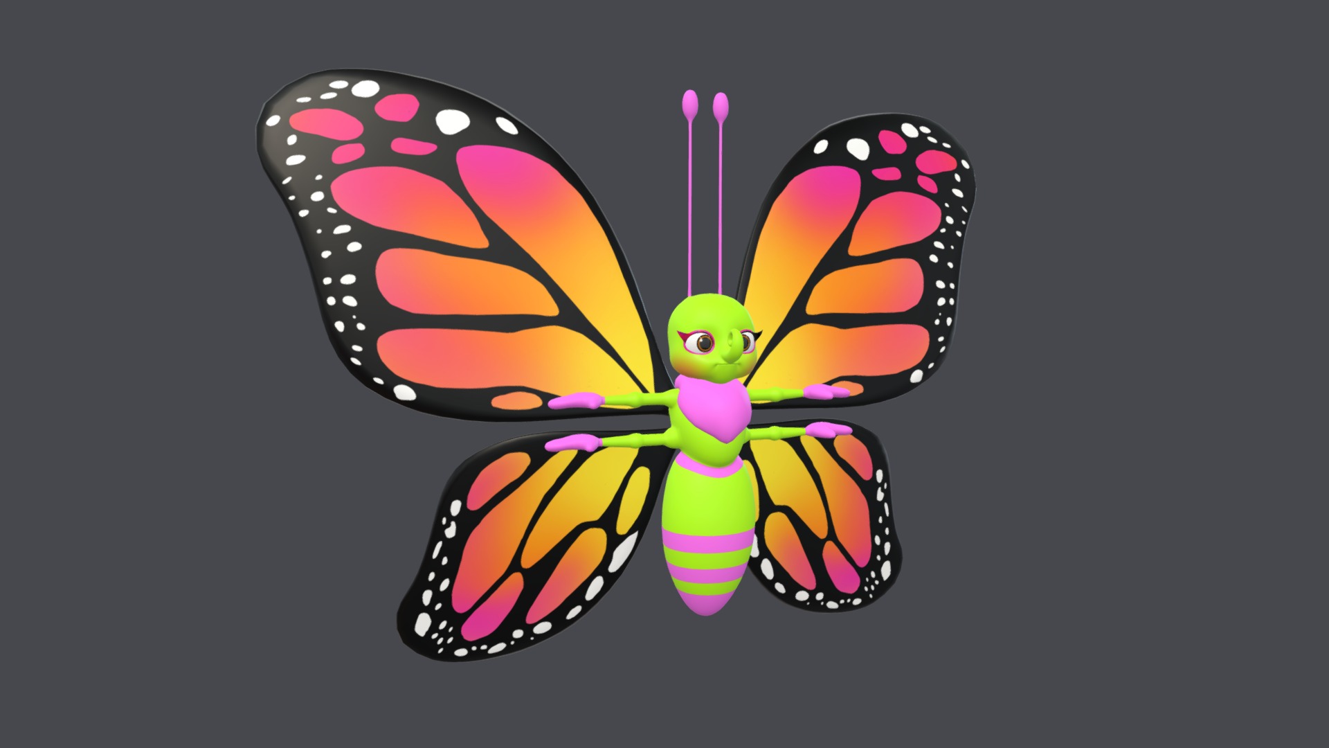 3D model Asset – Cartoons – Character – Butterfly – Rig - This is a 3D model of the Asset - Cartoons - Character - Butterfly - Rig. The 3D model is about a colorful butterfly with wings.