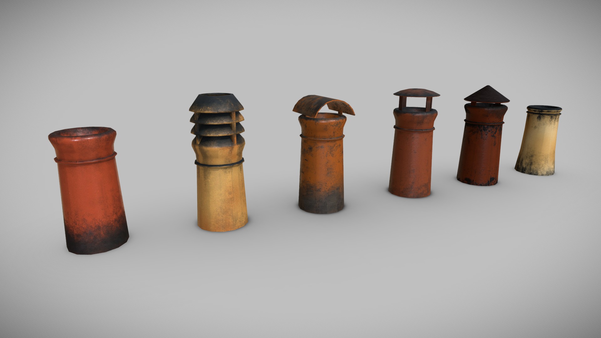 3D model Chimney Pots - This is a 3D model of the Chimney Pots. The 3D model is about a group of metal objects.