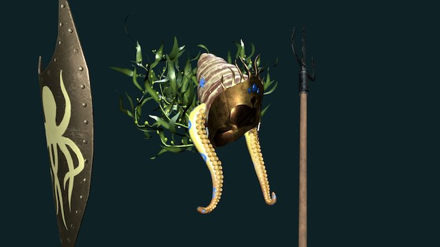 Mermaid queen's helmet, trident, and shield 3D Model