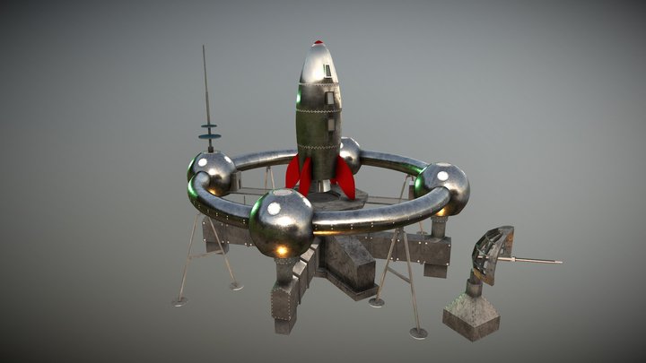 Sci-fi Retro Moonbase and Rocketship 3D Model
