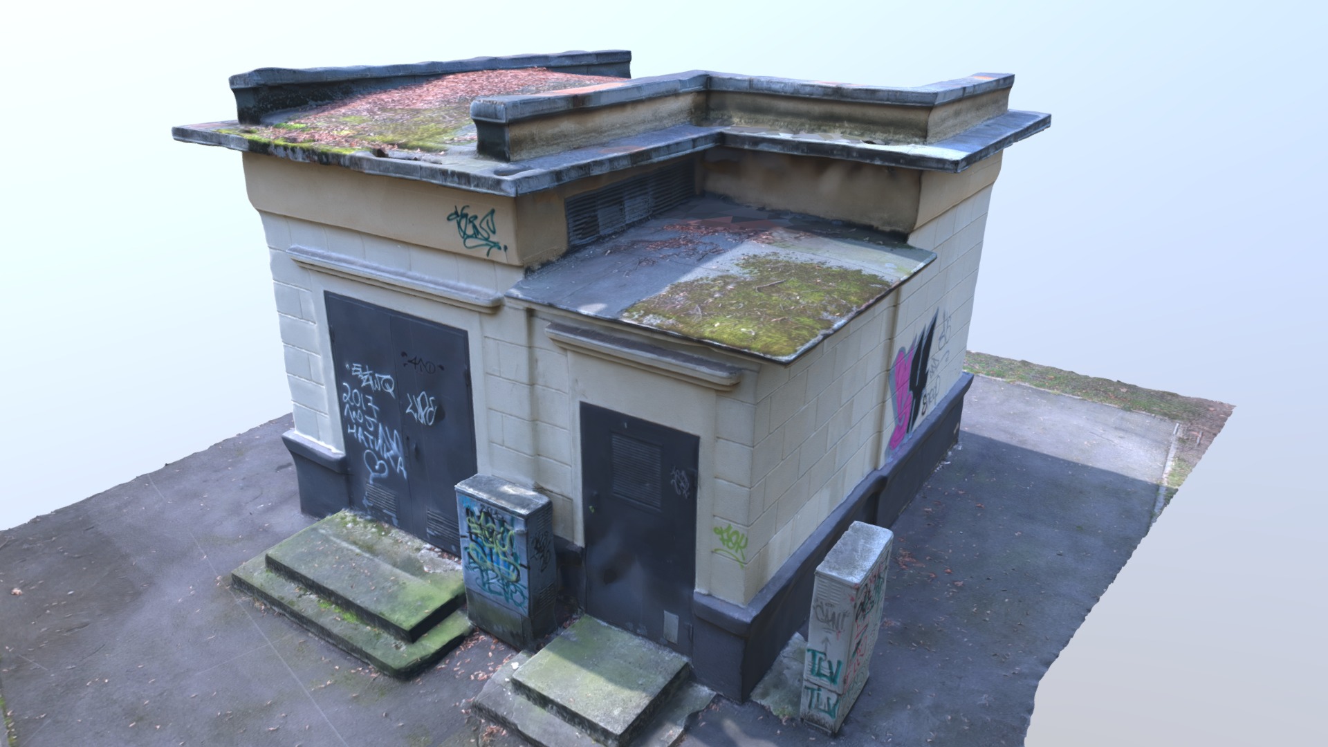 3D model Power House with Russian Graffiti - This is a 3D model of the Power House with Russian Graffiti. The 3D model is about a small building with a door and windows.