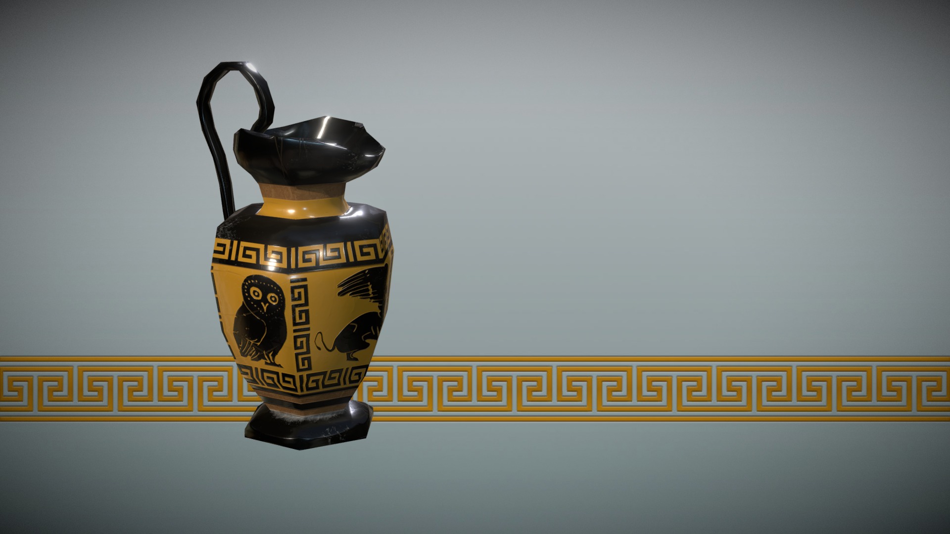 3D model Greek Pottery – Oinochoe - This is a 3D model of the Greek Pottery - Oinochoe. The 3D model is about a black and gold teapot.