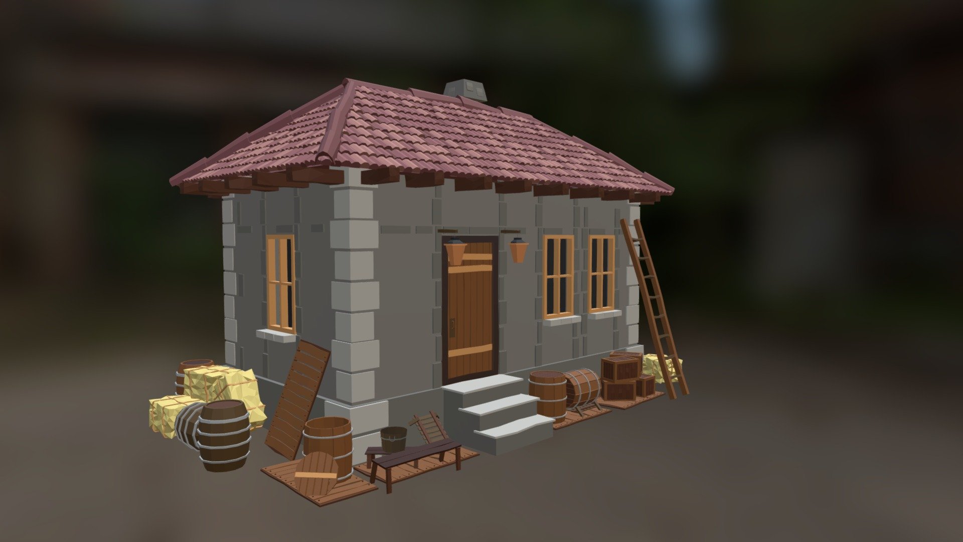 Low Poly Medieval Village House 02