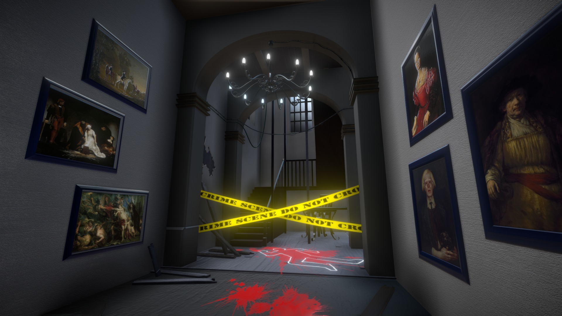3D model Crime scene - This is a 3D model of the Crime scene. The 3D model is about a room with art on the walls.