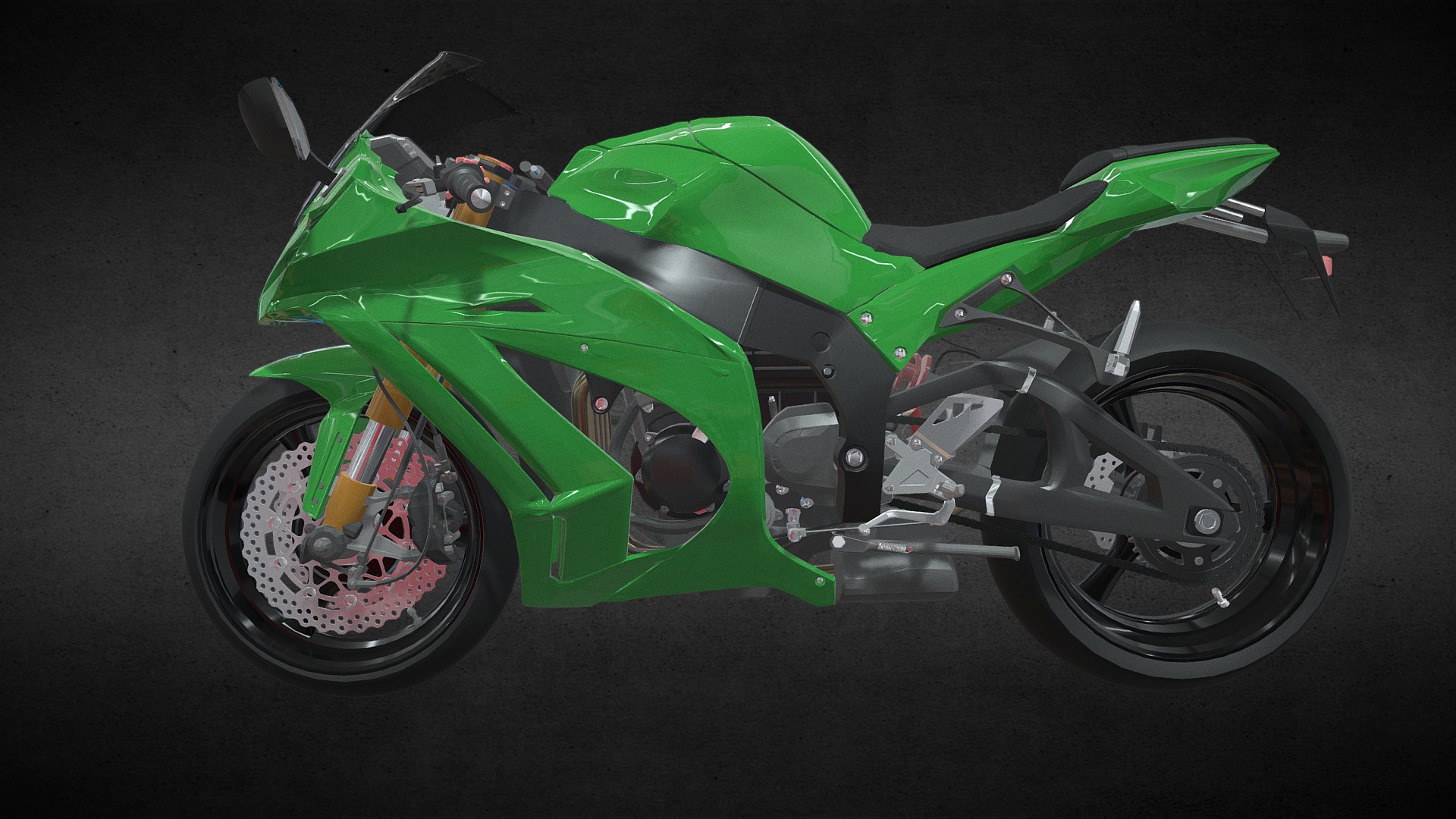 3D model kawasaki ZX10R - This is a 3D model of the kawasaki ZX10R. The 3D model is about a green motorcycle with a black background.