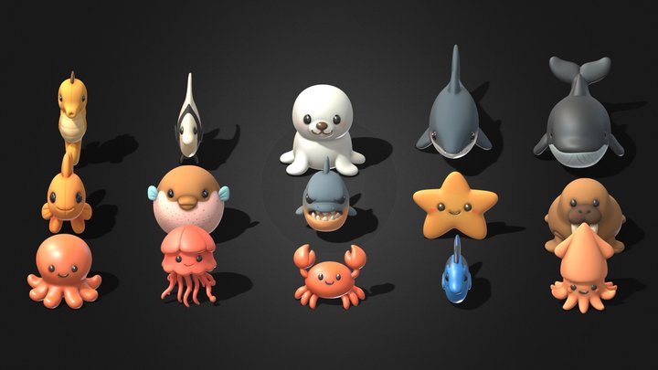 Cartoon Sea Animals Plush Pack 3D Model