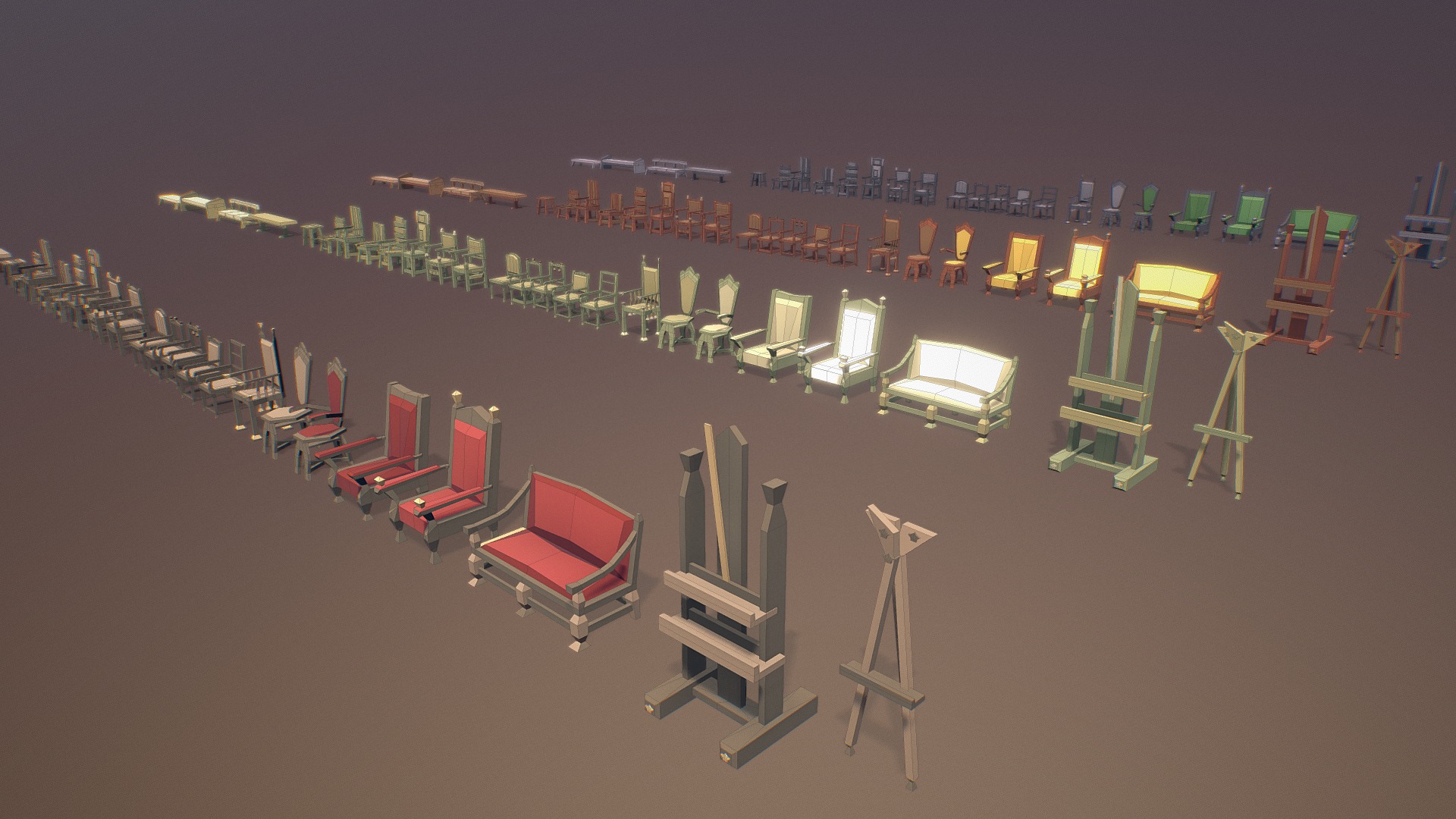 3D model Chair, Stool, Bench and Easel ( Low Poly ) - This is a 3D model of the Chair, Stool, Bench and Easel ( Low Poly ). The 3D model is about a group of buildings with lights.