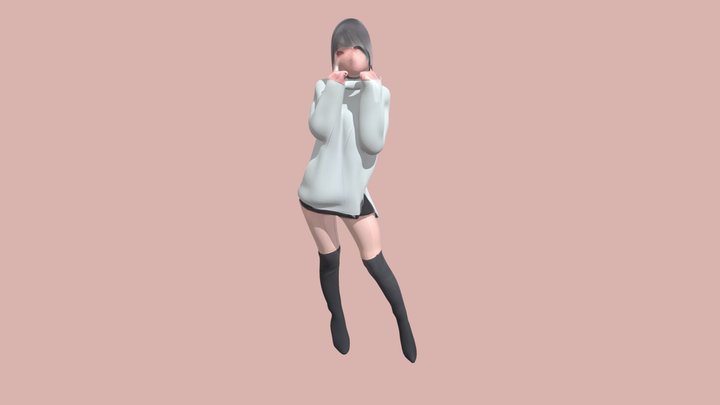 Young woman with long hair wearing sweater and 3D Model