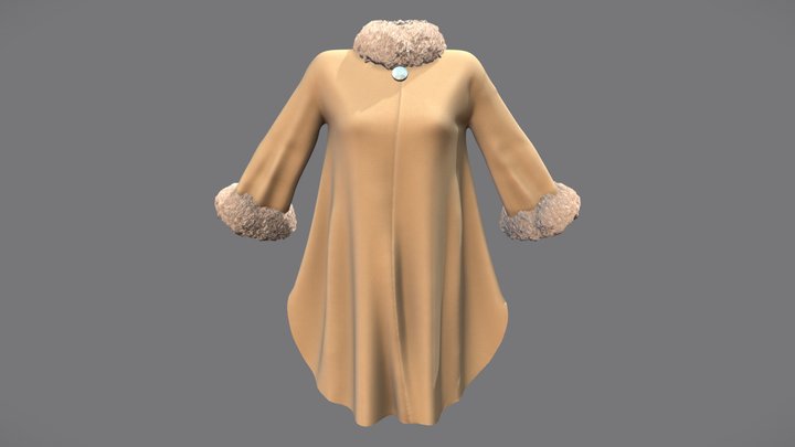 Female Ponco Style Coat With Fur Trim 3D Model