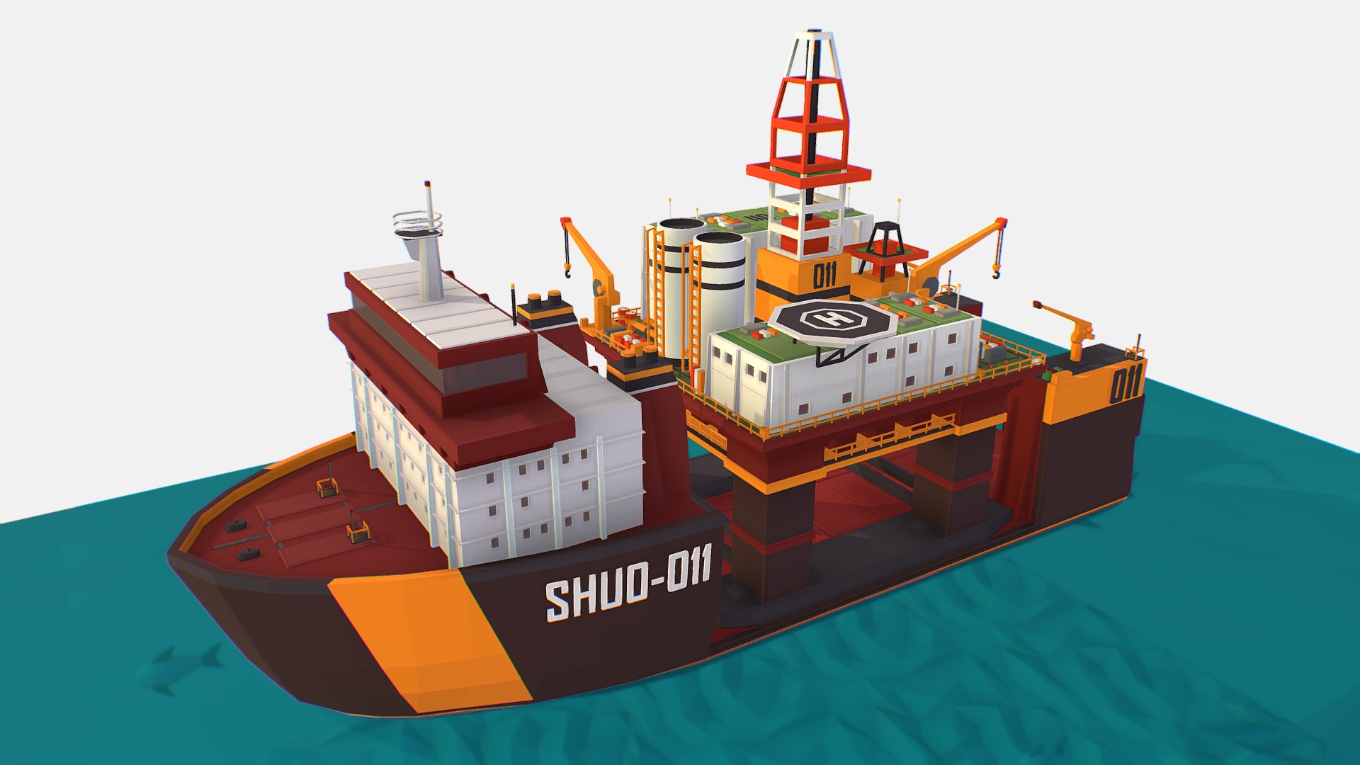 3D model isometric Heavy Lift Vessel with Big Oil Rig - This is a 3D model of the isometric Heavy Lift Vessel with Big Oil Rig. The 3D model is about a toy ship on the water.