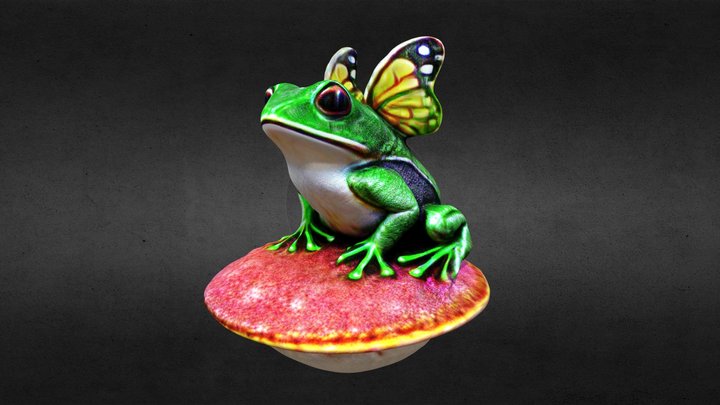 A Frog With Butterfly Wings On A Mushroom 3D Model