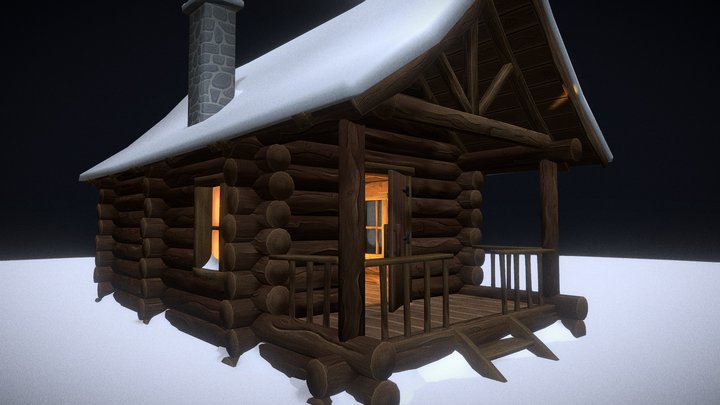 Hand painted Winter Cabin with Chimney 3D Model