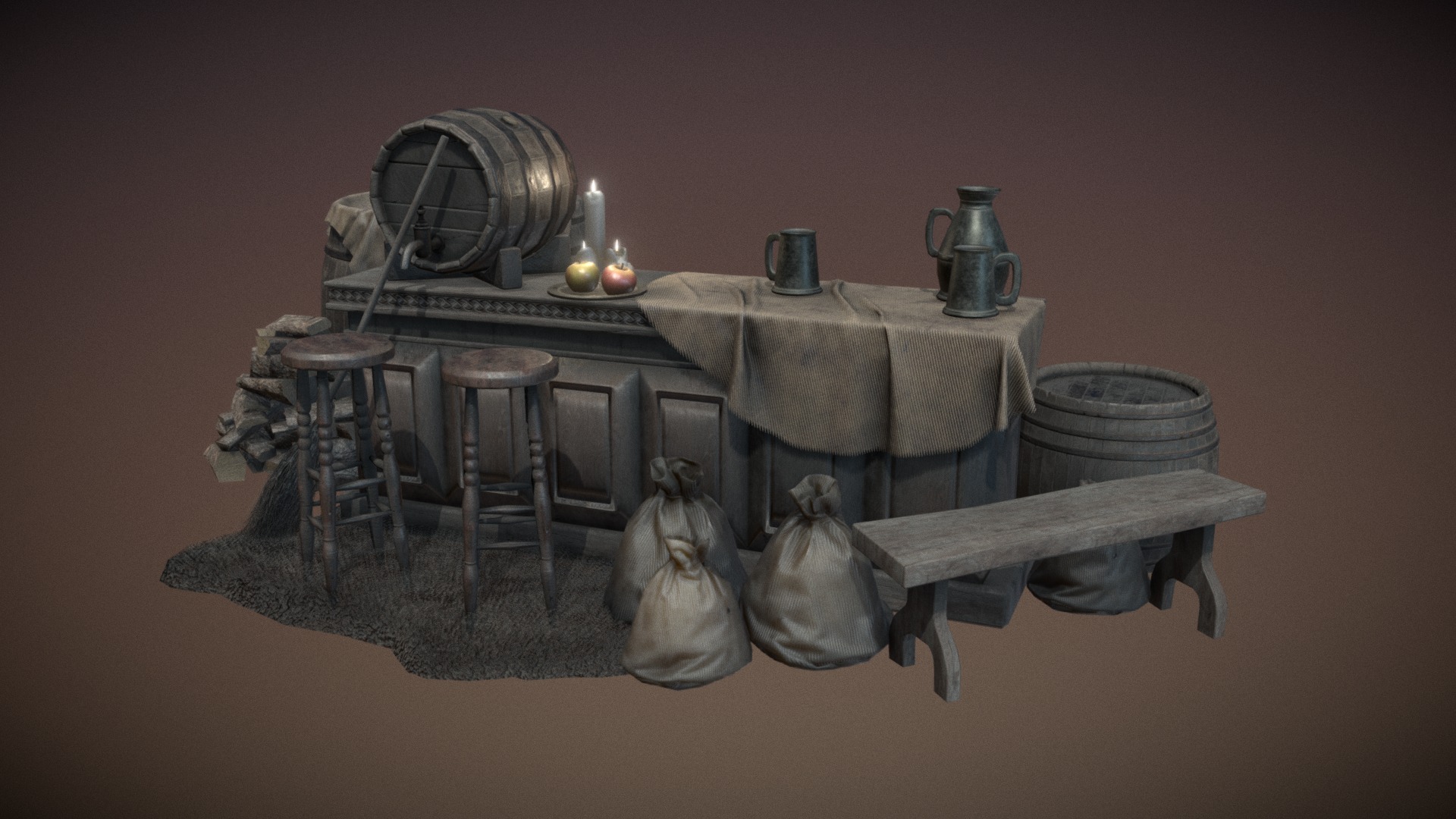 3D model Old Tavern Bundle 1 (of 2) - This is a 3D model of the Old Tavern Bundle 1 (of 2). The 3D model is about a table with a cloth and a table with objects on it.