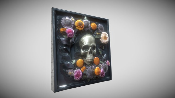 Skull And Flowers wall Relief V2 white 3D Model