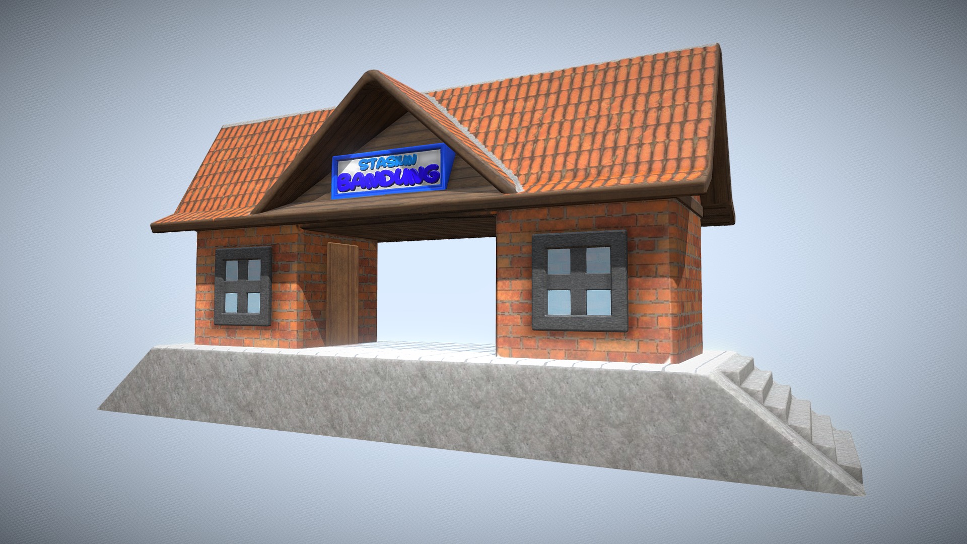 3D model low poly train station - This is a 3D model of the low poly train station. The 3D model is about a small building with a sign on it.