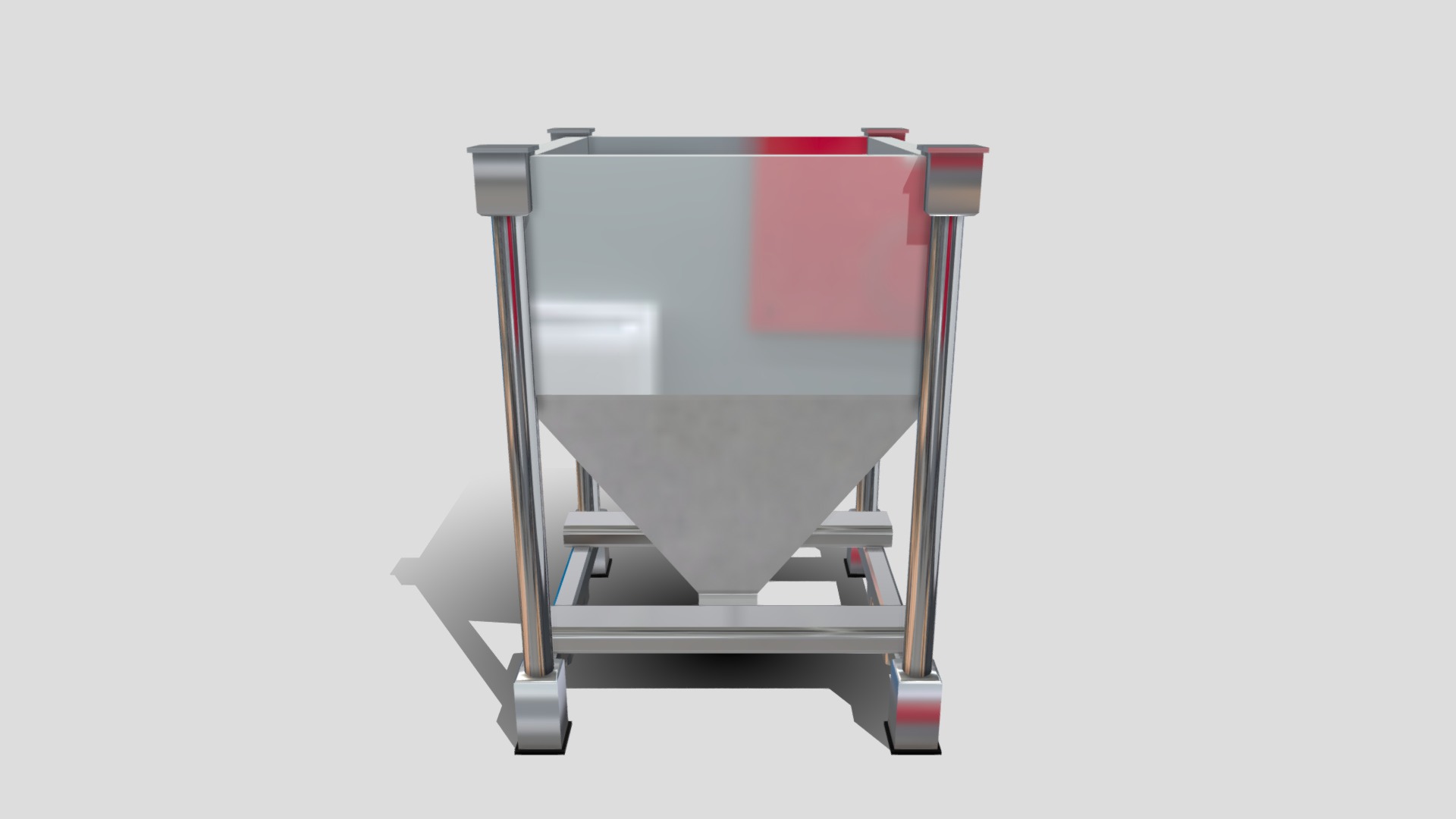 3D model Machinery – Stainless Steel Hopper - This is a 3D model of the Machinery - Stainless Steel Hopper. The 3D model is about a silver and red shopping cart.