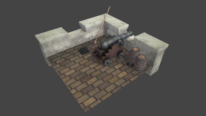 Cannon Wirh Environment Textured 3D Model