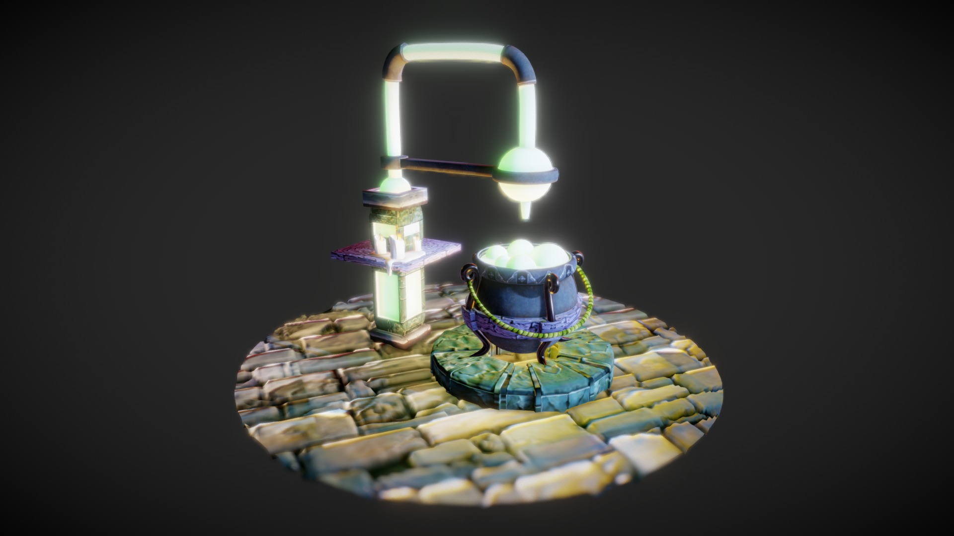 3D model Witch Pot - This is a 3D model of the Witch Pot. The 3D model is about a table with a plate of food and a lamp.