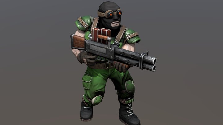 Cartoon human terrorist soldier with machine gun 3D Model