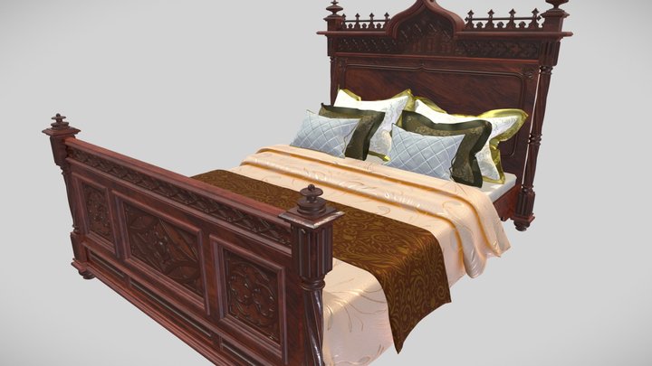 Decorated Victorian bed with linens 3D Model