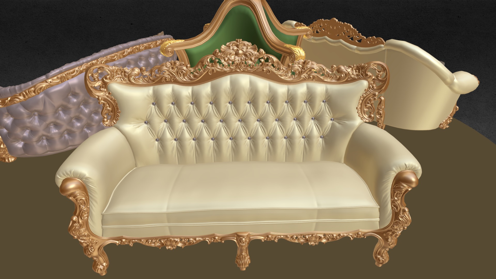 3D model 1D BAROQUE SOFAS collection - This is a 3D model of the 1D BAROQUE SOFAS collection. The 3D model is about a gold and white chair.