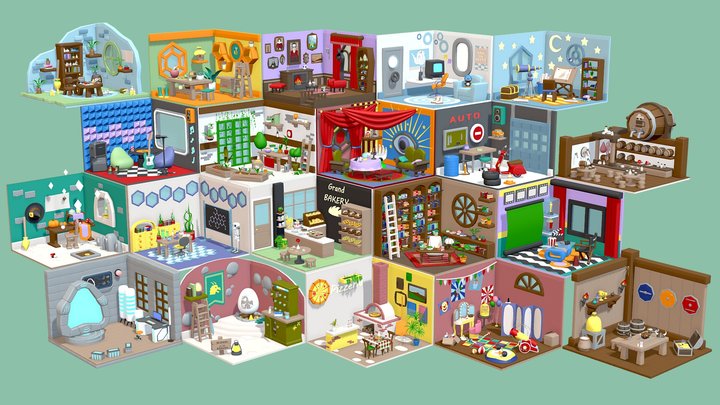 Low Poly Cartoon Profession Rooms 3D Model