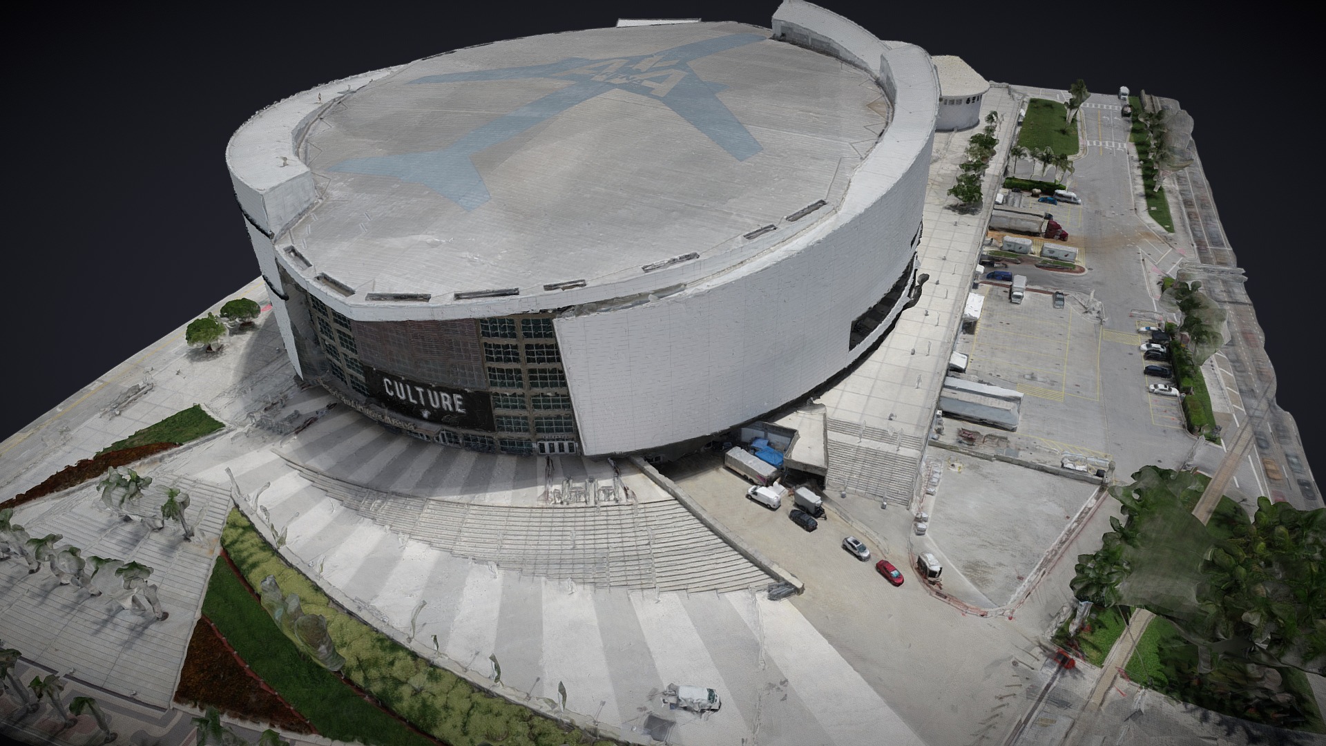 3D model American Airlines Arena (AA Arena) - This is a 3D model of the American Airlines Arena (AA Arena). The 3D model is about a large building with a parking lot.