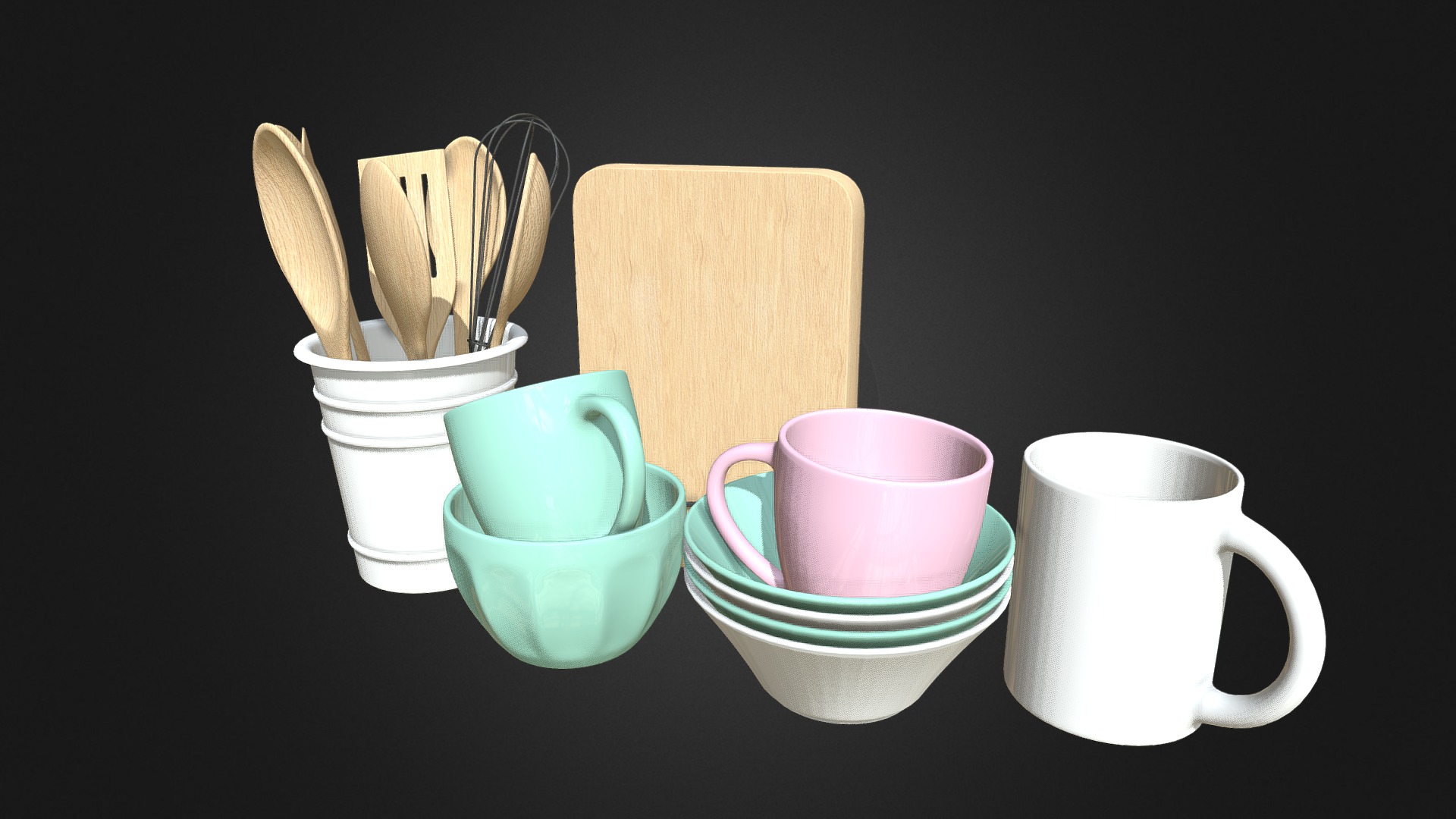 3D model Kitchen Untensils - This is a 3D model of the Kitchen Untensils. The 3D model is about a group of cups and spoons.