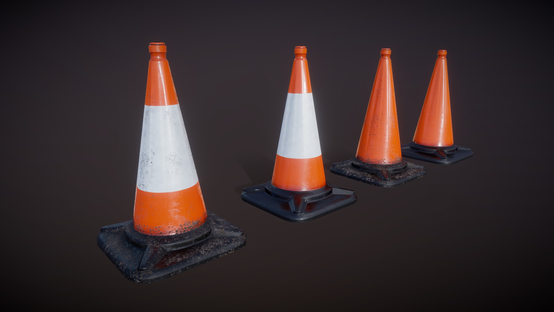 3D model Road Cone Set #1 (Low Poly/PBR/Unity ready) - This is a 3D model of the Road Cone Set #1 (Low Poly/PBR/Unity ready). The 3D model is about a group of cones.