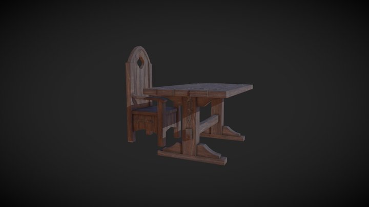 Wooden Table and Chair 3D Model
