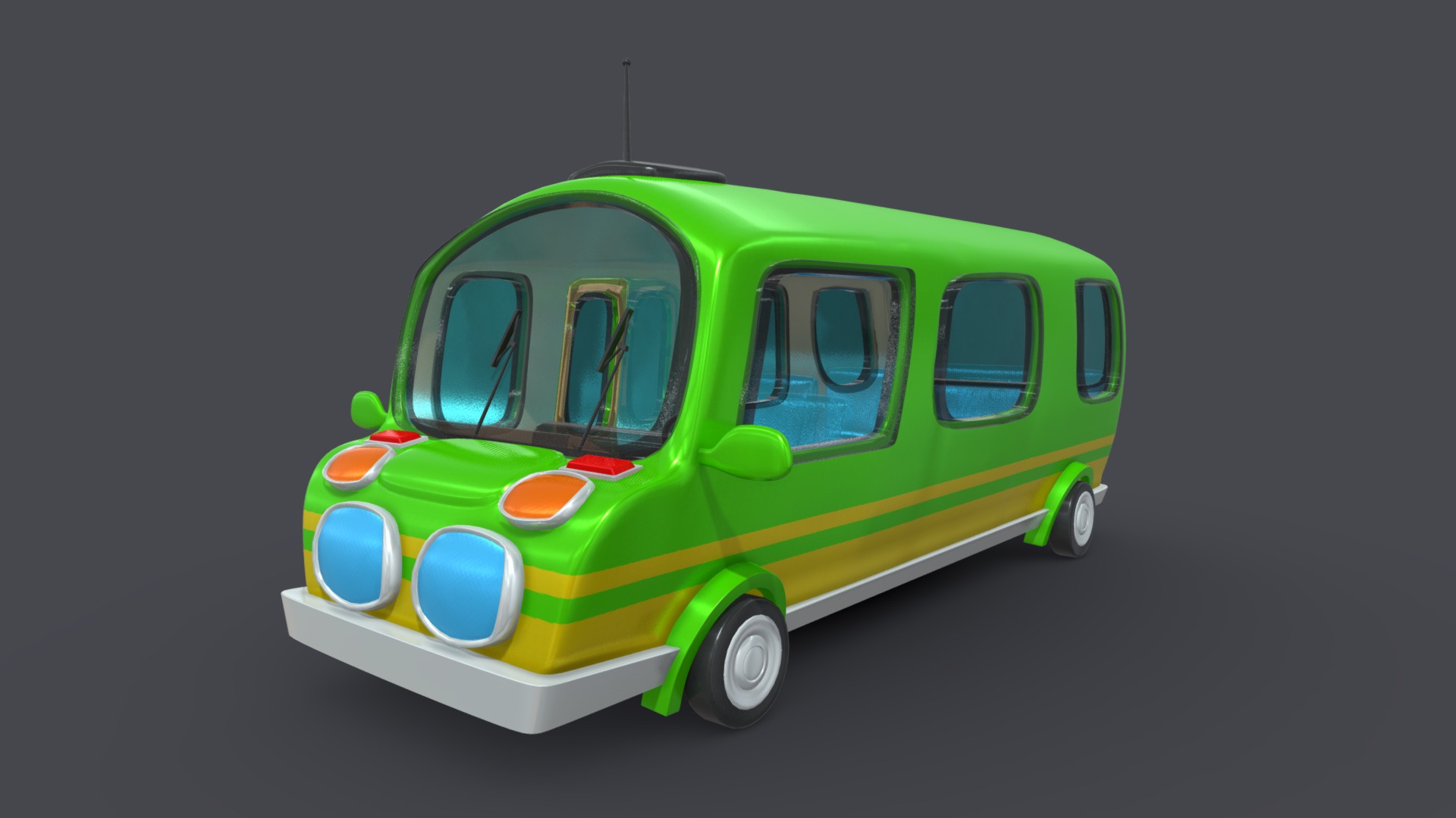 3D model Asset – Cartoons – Bus – 02 – 3D Model - This is a 3D model of the Asset - Cartoons - Bus - 02 - 3D Model. The 3D model is about a small green and yellow toy car.