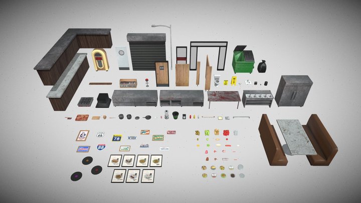 Low Poly PSX Style Restaurant Props - Asset Pack 3D Model