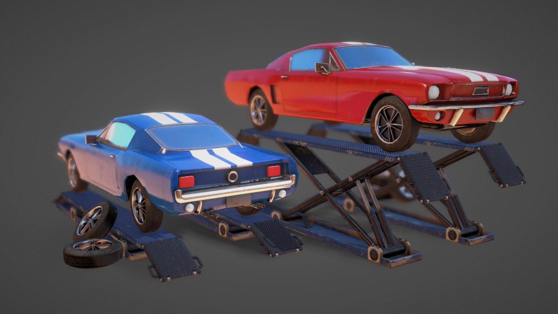 Game ready cars on the hydraulic car lifter Buy Royalty Free 3D model