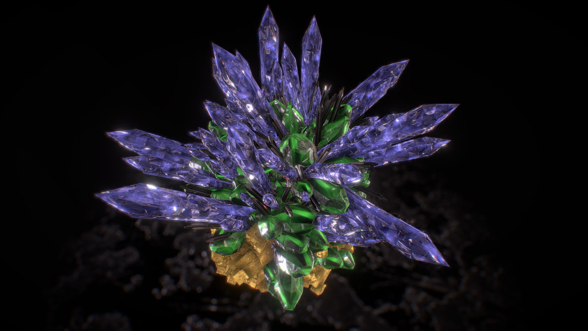 3D model Crystal Formation 3D Model - This is a 3D model of the Crystal Formation 3D Model. The 3D model is about a purple flower with green leaves.