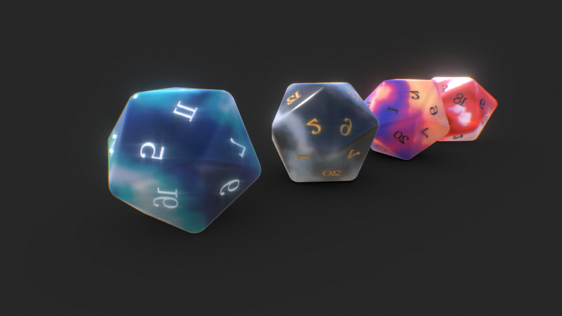3D model Coral Reef D20 Dice Set - This is a 3D model of the Coral Reef D20 Dice Set. The 3D model is about a group of colorful dice.