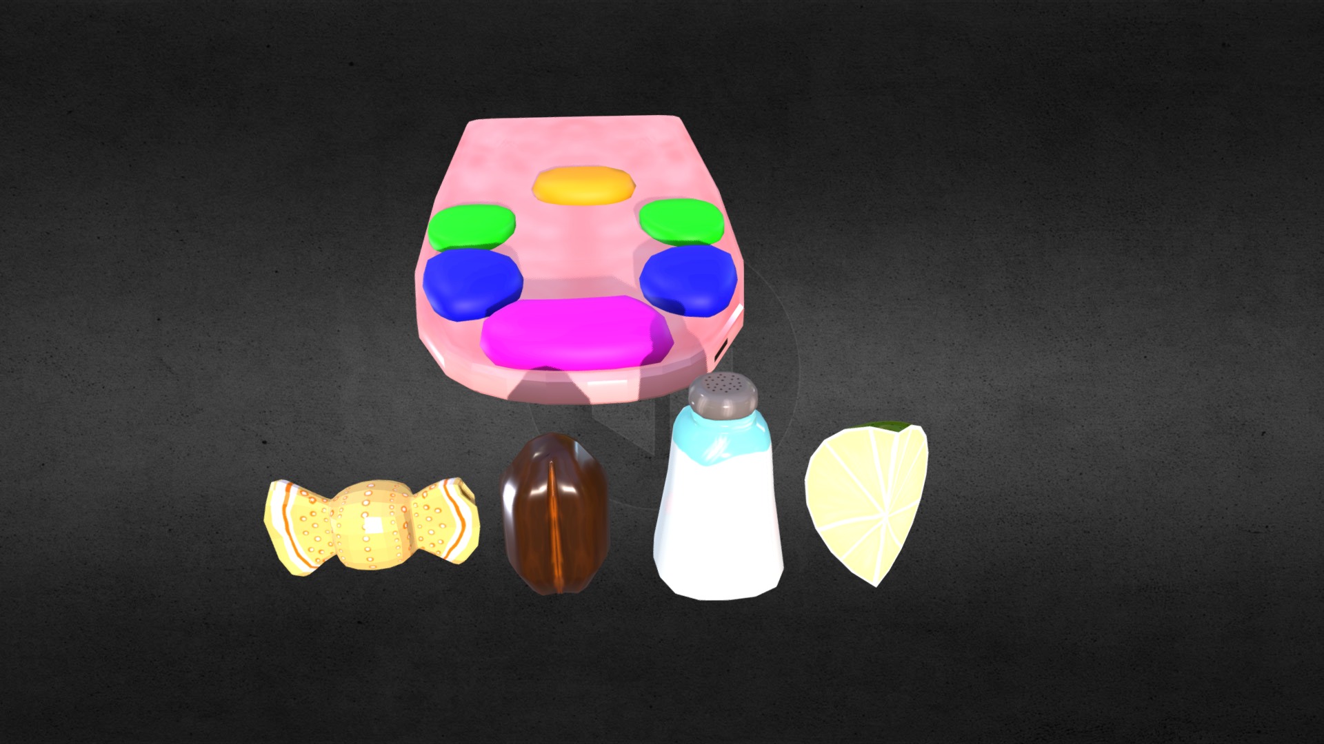 3D model Flavours of the Tongue Game Jam - This is a 3D model of the Flavours of the Tongue Game Jam. The 3D model is about a group of objects on a surface.