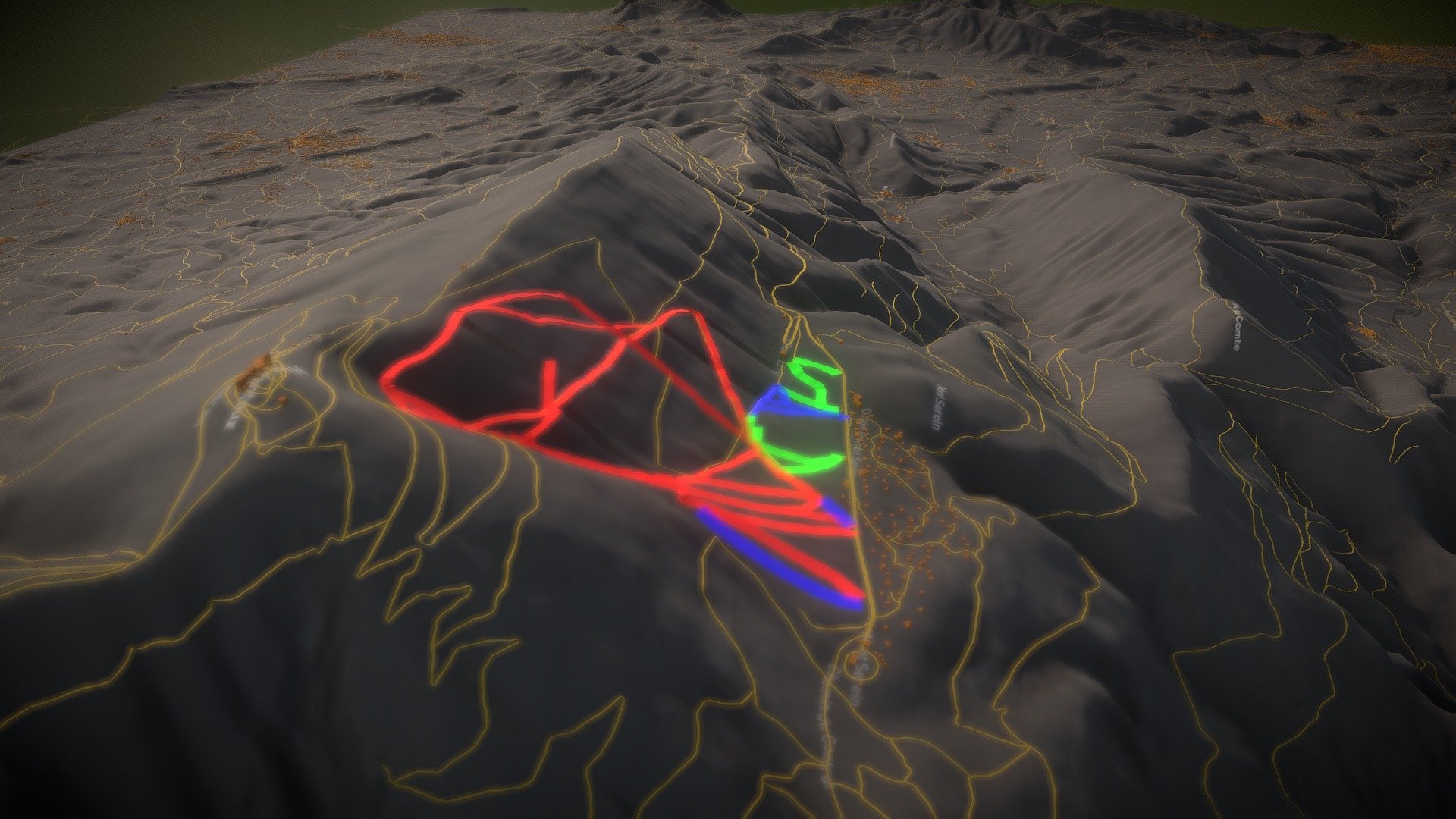 Mont Ventoux, OSM roads, buildings, ski slopes