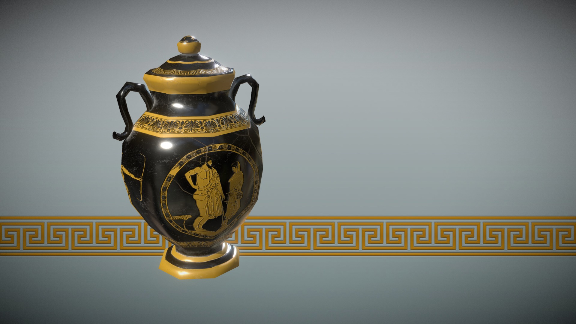 3D model Greek Pottery – Urn - This is a 3D model of the Greek Pottery - Urn. The 3D model is about a gold and black teapot.