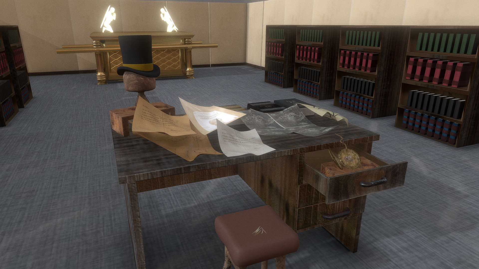 3D model Time Traveler’s Library - This is a 3D model of the Time Traveler's Library. The 3D model is about a room with a table and chairs.